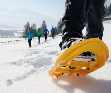 Das Bild zeigt fünf Personen bei einer Schneeschuhwanderung. Sie laufen durch eine frisch verschneite, unberührte Wiese. Im Vordergrund stehen gelbe Schneeschuhe im Vordergrund, die auf den Betrachter zulaufen. Von dieser Person sind nur die Beine zu sehen. Dahinter laufen vier weitere Personen mit Schneeschuhen, Stöcken und Sport-Winterkleidung. Sie sind nur unscharf zu erkennen. Im Hintergrund erheben sich die schneebedeckten Berge. Die Landschaft ringsum ist tief verschneit. Der Himmel ist blau. Die Sonne scheint. 