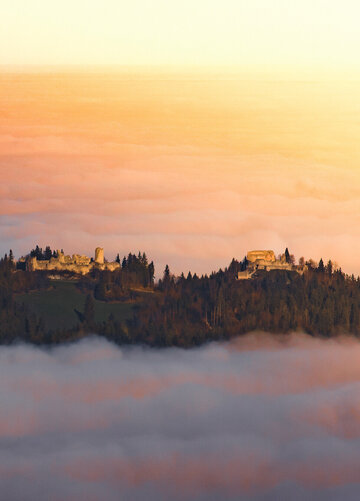 Das Bild fängt eine atemberaubende Aussicht einer Burg ein, die auf einem Hügel thront und von einem üppigen Wald umgeben ist. Die Burg, mit ihrer majestätischen Architektur, hebt sich vor dem Hintergrund des Himmels ab. Der Himmel ist in Tönen von Orange und Rosa gemalt, was darauf hindeutet, dass die Sonne gerade untergeht und die ganze Szene in ein warmes Licht taucht. Der auf dem Hügel liegende Burgberg ist mit Nebel bedeckt, was der Szene etwas Mystisches verleiht.