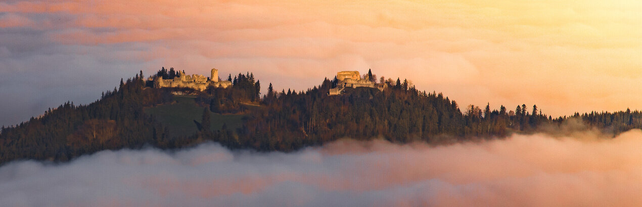 Das Bild fängt eine atemberaubende Aussicht einer Burg ein, die auf einem Hügel thront und von einem üppigen Wald umgeben ist. Die Burg, mit ihrer majestätischen Architektur, hebt sich vor dem Hintergrund des Himmels ab. Der Himmel ist in Tönen von Orange und Rosa gemalt, was darauf hindeutet, dass die Sonne gerade untergeht und die ganze Szene in ein warmes Licht taucht. Der auf dem Hügel liegende Burgberg ist mit Nebel bedeckt, was der Szene etwas Mystisches verleiht.