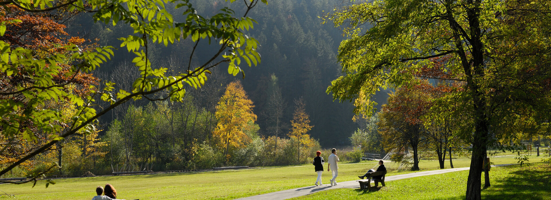 Das Bild fängt eine idyllische Parkszene ein. Im Vordergrund sitzen zwei Personen auf einer Bank und genießen die Ruhe des Parks. Die Bank steht auf einem Weg, der sich durch den Park schlängelt und Besucher dazu einlädt, die Schönheit des Parks zu erkunden.  Der Park selbst ist grün und üppig, mit einer Vielzahl von Bäumen und Sträuchern, die die Landschaft prägen. Die Bäume sind ein gemischter Bestand aus Laub und Nadelbäumen, deren Blätter ein lebendiges Grün bilden.  Im Hintergrund erhebt sich ein großer Hügel, dessen Hänge von einem dichten Wald bedeckt sind. Der Hügel bildet eine natürliche Kulisse für den Park und verleiht der Szene eine Tiefen- und Raumwirkung.  Der Himmel darüber ist ein klarer Blau, was auf einen sonnigen und hellen Tag hindeutet. Die gesamte Atmosphäre des Bildes ist eine von Frieden und Entspannung, eine perfekte Kulisse für einen gemütlichen Spaziergang oder einen ruhigen Moment der Reflexion.