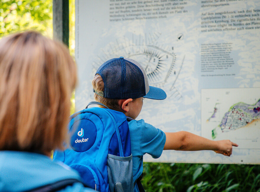  Das Bild zeigt einen Moment der Erkundung und des Lernens. Ein junger Junge, mit einem blauen Baseballcap und einer passenden blauen Schultertasche bekleidet, zeigt auf eine Karte auf einem Schild. Die Karte ist detailliert und zeigt verschiedene Orte und deren entsprechende Farben. Die Neugierde und das Interesse des Jungen an der Karte lassen darauf schließen, dass er sich mit den verschiedenen Orten und deren Bedeutung auseinandersetzt. Das Schild befindet sich in einem Park, was einen Kontext für die Erkundung des Jungen bietet. Die Parklandschaft in Verbindung mit dem Interesse des Jungen an der Karte zeichnet das Bild eines Tages im Freien, in dem er sich mit der Welt um ihn herum auseinandersetzt.