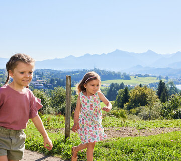 Das Bild fängt einen friedlichen Moment in einem Park ein, wo zwei junge Mädchen einen Spaziergang genießen. Das Mädchen auf der linken Seite, in einem pinkfarbenen Shirt und olivgrünen Shorts gekleidet, marschiert voraus, während das zweite Mädchen, das ein Blumenkleid trägt, dicht hinter ihr herläuft. Sie laufen auf einem Pfad, der von üppigem Grün und Bäumen gesäumt ist. Als Hintergrund des Bildes dient eine atemberaubende Aussicht auf einen See und Berge, was zur Ruhe der Szene beiträgt. Die Mädchen scheinen guter Stimmung zu sein, denn sie beide lächeln. Die Gesamtatmosphäre des Bildes ist friedlich und fröhlich.