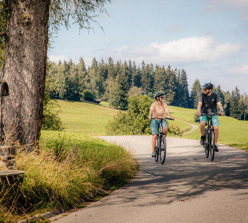 Das Bild zeigt einen Mann und eine Frau beim Fahrradfahren. Beide tragen Freizeitkleidung und einen Helm. Sie fahren auf den Betrachter zu. Sie lächeln einander an. Beide tragen Sonnenbrillen. Die Straße, auf der sie fahren ist asphaltiert. Wiesen und Wälder säumen die Straße. Am Straßenrand ist eine Wegkreuz aus Metall und eine Holzbank zu sehen.  Im Hintergrund erheben bewaldete Hügel. Der Himmel ist blau. Die Sonne scheint. 