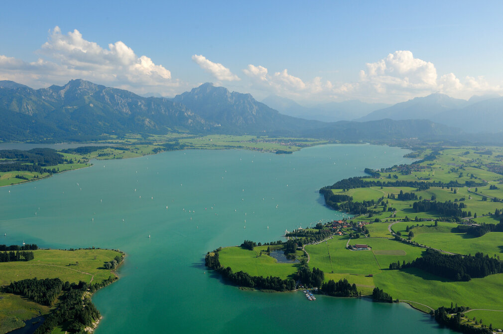 Das Bild zeigt eine Luftaufnahme einer friedlichen Landschaft, die von einem großen, tiefblauen See dominiert wird - dem Forggensee. Der See liegt eingebettet in eine üppig grüne Landschaft, mit grünen Feldern, die sich bis zum Ufer des Sees erstrecken. Die Oberfläche des Sees ist mit mehreren kleinen Booten übersät, die eine zusätzliche Lebendigkeit in die friedliche Szene bringen. In der Ferne erheben sich majestätische Berge, deren Gipfel den klaren blauen Himmel berühren. 