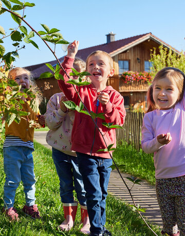 Das Bild zeigt eine herrliche Szene von drei Kindern in einem Garten. Der Garten ist reich an grünen Pflanzen und hat einen hölzernen Zaun im Hintergrund. Die Kinder stehen vor dem Zaun und ihre Gesichter sind erfüllt von Freude.  Das Kind auf der linken Seite hält einen Ast mit grünen Blättern, als wäre es ein geschätzter Besitz. Das mittlere Kind hält eine Blume, vielleicht ein Lieblingsblüher oder eine neue Entdeckung. Das Kind auf der rechten Seite zeigt nach oben, möglicherweise auf einen Vogel oder einen Baum.  Ihre Gesichtsausdrücke und Handlungen suggerieren ein Gefühl von Wunder und Erkundung. Der Garten, mit seiner lebhaften Grünfläche und dem hölzernen Zaun, bietet eine ruhige und sichere Umgebung für die Kinder, um zu spielen und zu lernen. Das Bild bildet einen Moment von Kindheitsunschuld und Neugierde schön ab.