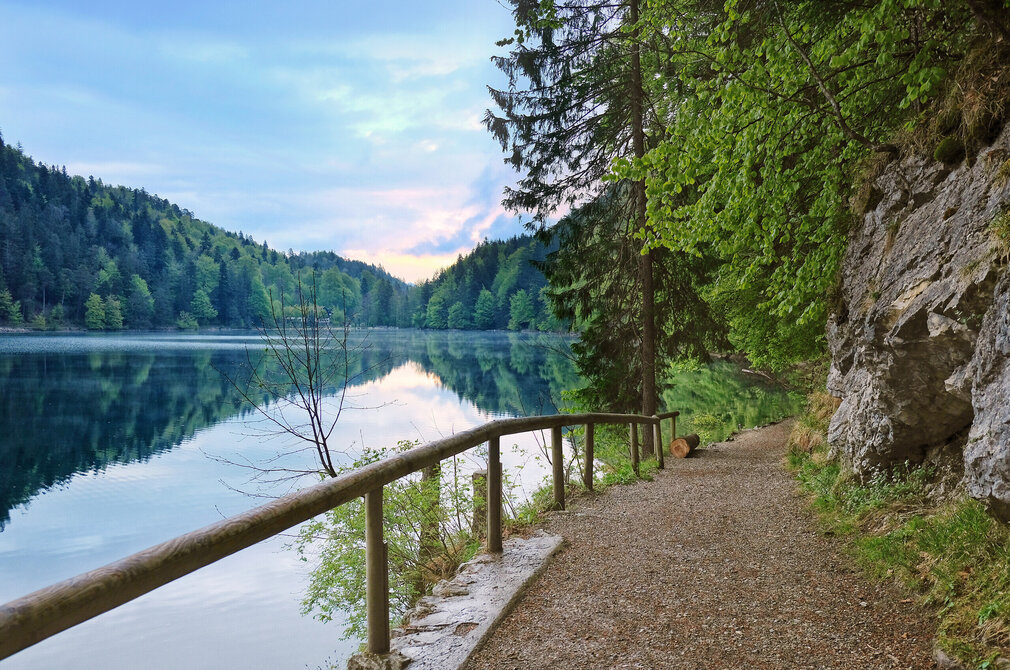 Das Bild zeigt einen Uferweg, der entlang eines ruhigen Sees führt. Bei dem See handelt es sich um den Alatsee. Der Weg wird von einem hölzernen Geländer zum See hin begrenzt und von üppig grünem Buschwerk und Bäumen eingerahmt, was einen natürlichen Korridor bildet. Der Alatsee, der die umgebende Vegetation widerspiegelt, liegt eingebettet zwischen einer Kulisse malerischer Berge. Der Himmel über ist ein wunderschönes Panorama in Blau, verziert mit flauschigen Wolken. 