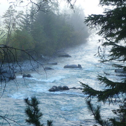 Das Bild zeigt eine ruhige Flusslandschaft, in der der Fluss Lech gemächlich durch den Morgennebel fließt und von üppigem Grün umgeben ist. Der Fluss ist mit mehreren Felsen durchsetzt. Die Sonne ist gerade aufgegangen. Ihre Strahlen blitzen durch die Äste der Bäume.