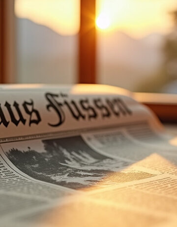 KI-Foto: Eine Alte Zeitung mit dem Titel "Neues aus Füssen" in einem gemütlichen Raum mit Aussicht auf die Füssener Landschaft