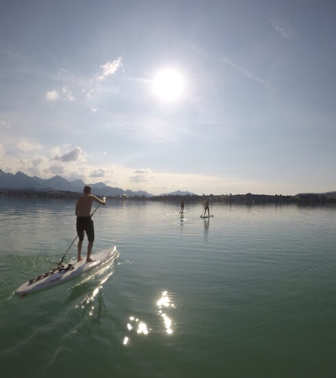 Das Bild zeigt drei Personen, die hintereinander auf SUPs stehend über einen See fahren. Die Sonne glitzert auf der Wasseroberfläche. Der Himmel ist blau. Die Sonne scheint. Im Hintergrund erheben sich hohe Berge. Die Personen haben dem Betrachter den Rücken zugewandt. 