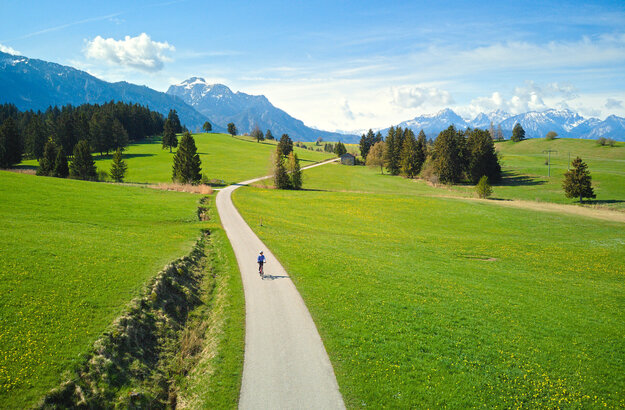 Das Bild zeigt eine Wiesenlandschaft, die von einem Weg durchzogen ist. Im Hintergrund erheben sich die Tannheimer und Ammergauer Alpen. Auf dem Weg fährt eine Person mit dem Rad. 