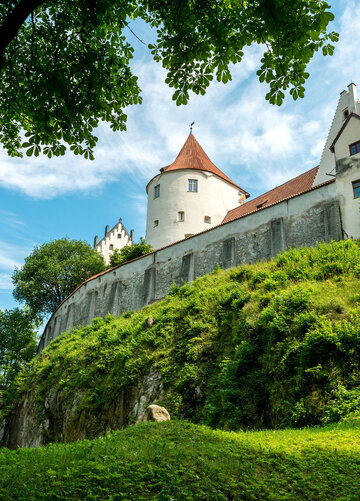 Man blickt von unten auf einen Teil des Hohen Schlosses. Ein Turm und spitz zulaufende Dächer sind zu sehen. Darunter liegt eine grüne Wiese. Die Schlossmauer ist von grünen Pflanzen bewachen. Der Himmel ist blau. Die Sonne scheint.