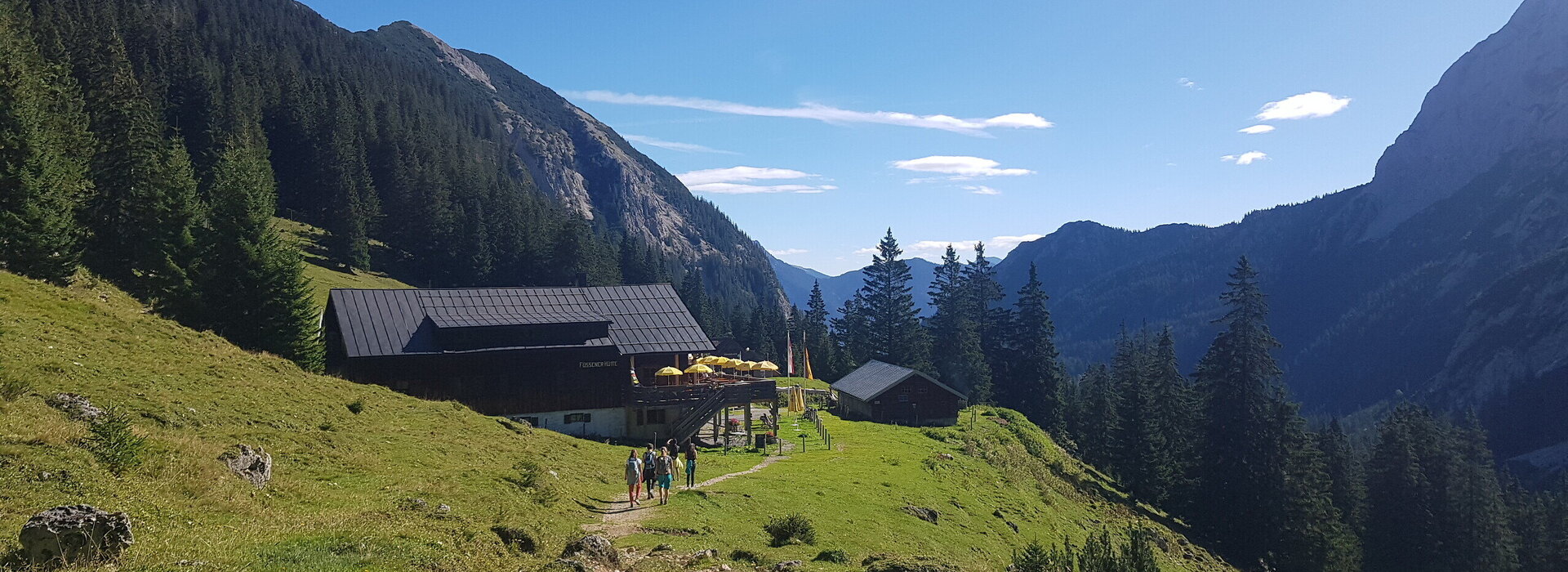 Das Bild zeigt eine Alm. Mehrere Personen laufen auf einem unbefestigten Weg auf die Alm zu. Sie ist umgeben von Wiesen und Wäldern. Im Hintergrund erheben sich hohe Berge. Die Sonne scheint. Der Himmel ist blau.  