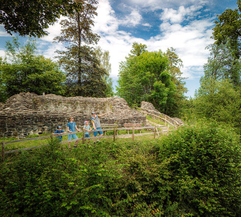 Das Bild zeigt eine Frau, einen Mann und zwei Kinder vor den Mauerresten einer Burg. Die Burg steht auf einer Anhöhe. Die Familie lehnt an einem Holzzaun und blickt ins Tal. Der Mann deutet in die Ferne. Die Burgruine ist umgeben von grünen Laubbäumen. Der Himmel ist blau. Die Sonne scheint.