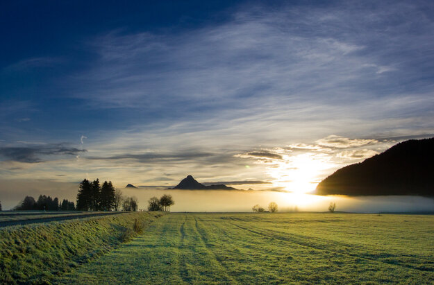 Das Bild fängt eine friedliche Sonnenaufgangsszene in ländlicher Umgebung ein. Der Himmel ist in Tönen von Blau gehalten. Die strahlende, aufgehende Sonne wird teilweise vom Morgennebel und kleinen Wolken verdeckt. Im Vordergrund breitet sich ein üppiges Grün eines Feldes aus. Eine Landstraße schlängelt sich durch die linke Seite des Bildes. In der Ferne erhebt sich die Silhouette eines Bergrückens.