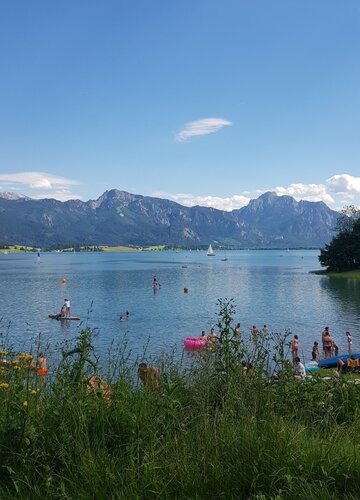 Das Bild zeigt einen See, in dem zahlreiche Menschen schwimmen, plantschen, mit SUP fahren oder am Ufer auf Decken und Handtüchern liegen und die Sonne genießen. Der See ist umgeben von Wiesen und Wäldern. Im Vordergrund wächst hohes Gras am Ufer. Im Hintergrund erheben sich hohe, teilweise bewaldete Berge. Die Sonne scheint. Der Himmel ist blau. 