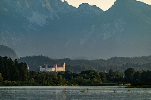 Das Bild zeigt eine friedliche Landschaft, die von einem majestätischen Schloss dominiert wird. Es handelt sich hier um das Hohe Schloss bei Füssen, das mit seinen weißen Wänden und dem roten Dach vor dem Bergpanorama steht. Das Hohe Schloss ist eingebettet in üppige grüne Bäume, die eine natürliche Note in das Bild bringen. Der Himmel darüber ist klar und blau. Das Schloss bietet von seiner strategischen Lage auf dem Hügel einen Panoramablick auf das Tal darunter, in dem sich ein ruhiger See befindet. 