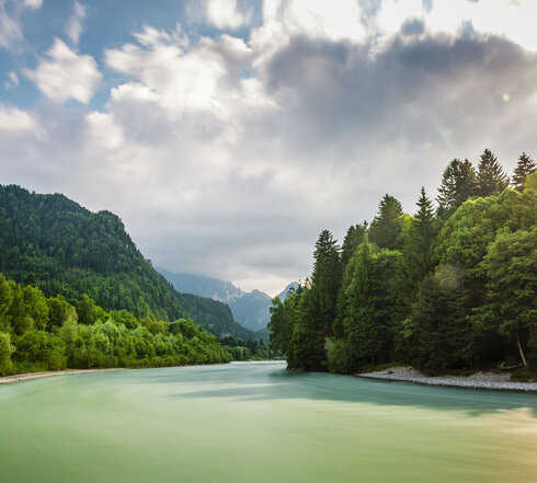 Das Bild zeigt eine friedliche Landschaft um den Fluss Lech, der durch einen grünen Wald fließt. Der Fluss, mit seinem leicht türkisenen Wasser, ist der zentrale Fokus des Bildes. Er windet sich durch den dichten Wald, erzeugt einen Sinn von Ruhe und Harmonie mit der Natur. Der Wald ist ein kräftiges Grün, gefüllt mit hohen Bäumen, die über den Fluss hineinwachsen. Der blaue Himmel darüber ist mit flauschigen weißen Wolken durchzogen, die zur Schönheit der Szene beitragen. Das Bild wird aus der Ferne aufgenommen, was einen umfassenden Blick auf den Fluss sowie den umliegenden Wald erlaubt. Die Perspektive des Bildes betont Tiefe, was die Weite des Waldes und des Flusses unterstreicht. Das Bild ist eine schöne Darstellung von Naturfrieden und der Harmonie zwischen dem Fluss und dem Wald.