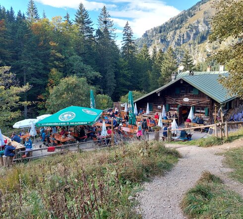 Das Bild zeigt eine Almhütte. Auf der davorliegenden Terrasse sind viele Tische und Stühle aufgestellt. An allen Tischen sitzen Personen, unterhalten sich oder trinken etwas. Im Hintergrund erheben sich die Berge. Ringsum wachsen hohe Bäume. Der Himmel ist weiß blau. Die Sonne scheint. 