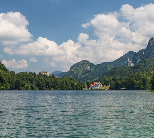 Das Bild fängt eine ruhige Seeszenen ein. Es handelt sich hier um den tiefblauen Alpsee, der sich bis zum Horizont ausdehnt und den Himmel darüber spiegelt. Auf der linken Seite des Bildes erhebt sich ein üppiger grüner Wald, sein dichtes Blätterdach bietet einen scharfen Kontrast zum Blau des Sees. Die rechte Bildseite wird von einer majestätischen Gebirgskette dominiert, deren Gipfel in den Himmel ragen. Umgeben von dieser natürlichen Schönheit befindet sich mehrere Gebäude, die aus den Bäumen hervorlugen. Dabei handelt es sich links um das Schloss Hohenschwangau und rechts um das das Schloss Neuschwanstein, dass auf einer Anhöhe thront. Der Himmel darüber ist ein klarer Blau, durchzogen von flauschigen, weißen Wolken. 