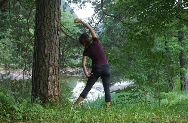 Das Bild zeigt eine Frau in sportlichem Outfit mit dunklen Haaren, die eine Yoga-Bewegung macht. Sie steht in der Natur unter einem Baum im hohen Gras und blickt auf ein Gewässer.