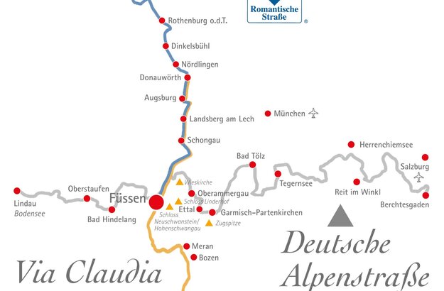 Karte: Übersicht der Ferienstraßen, die sich in Füssen kreuzen