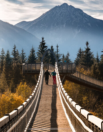 Das Bild den Baumkronenweg des Walderlebniszentrums. Eine Holzhängebrücke, die sich von Plattform zu Plattform hangelt und an beiden Seiten mit hohen Geländern gesichert ist. Zwei Personen laufen auf der Brücke vom Betrachter weg. Im Hintergrund erheben sich die Berge.   