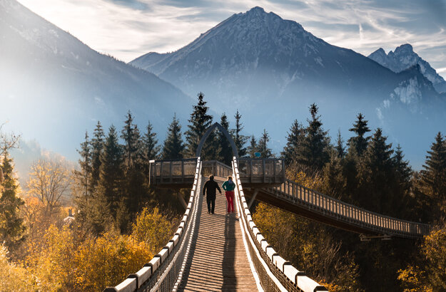 Das Bild den Baumkronenweg des Walderlebniszentrums. Eine Holzhängebrücke, die sich von Plattform zu Plattform hangelt und an beiden Seiten mit hohen Geländern gesichert ist. Zwei Personen laufen auf der Brücke vom Betrachter weg. Im Hintergrund erheben sich die Berge.   