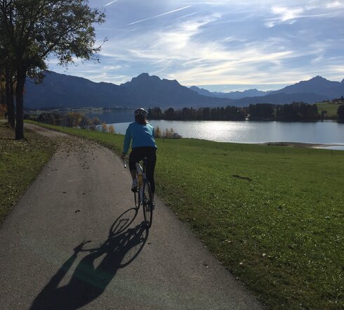 Das Bild zeigt eine Rennradfahrerin von hinten. Sie fährt auf einem asphaltierten Radweg, der sich auf einer Anhöhe über einem See befindet. An den Radweg grenzen ringsum Wiesen an. Im Hintergrund erheben sich Berge und Hügel, gesäumt von Wäldern, deren Blätter bereits vereinzelt orange, rot leuchten. Der Himmel ist blau. Die Sonne scheint. 