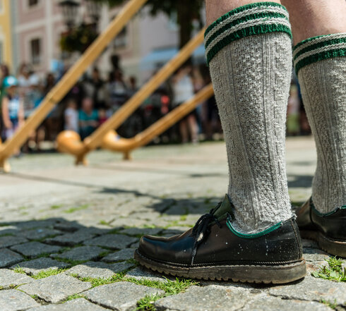 Das Bild zeigt mehrere Alphornspieler. Allerdings sind nur zwei Beine bis zu den Knien zu sehen. Die Beine sind mit grauen Kniestrümpfen und schwarzen Haferlschuhen bekleidet. Um die Alphörner kann man mehrere Zuschauer erkennen. Die Sonne scheint. Die Szenerie findet wohl auf einem Platz in der Stadt statt. Im Hintergrund sind Hausfassaden zu erkennen. Auf dem Boden liegt Kopfsteinpflaster.   