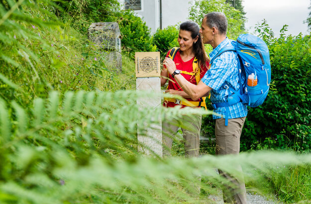 Das Bild zeigt einen Mann und eine Frau in Wanderkleidung mit Rucksäcken. Sie stehen an einem Hang und betrachten eine Säule. Um sie herum wachsen Büsche, Bäume und Gräser.   