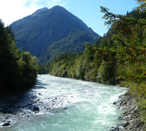 Das Bild zeigt einen wilden Fluss, an dessen Ufer unzählige Bäume wachsen. Im Hintergrund erhebt sich ein bewaldeter Berg. Der Himmel ist blau. Die Sonne scheint. 