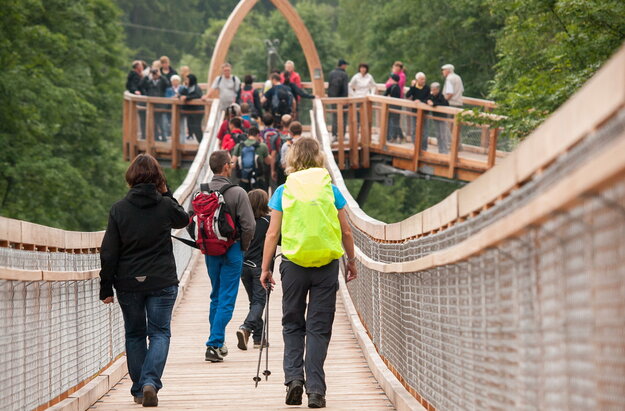 Das Bild zeigt zahlreiche Personen, die auf dem Baumkronenweg laufen. Der Weg ist mit einem hohen Geländer links und rechts des Weges gesichtet. Im Hintergrund ist eine Plattform zu sehen, zu der der Weg führt. Rundherum wachsen hohe Bäume. 
