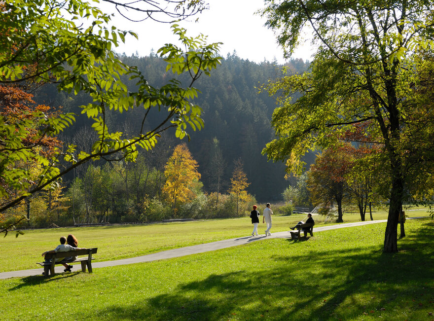 f einem befestigten Weg laufen mehrere Personen. Der Weg führt durch eine Wiese, auf der auch vereinzelt hohe Bäume wachsen. Am Wegrand stehen Holzbänke. Der Himmel ist blau. Die Sonne scheint. 