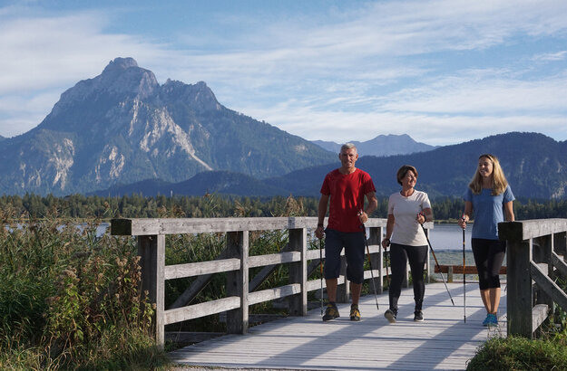 Das Bild zeigt drei Personen in Sportkleidung, die auf einer Holzbrücke laufen. Alle haben Nordic Walking Stöcke in den Händen. Sie lächeln. Im Hintergrund erheben sich hohe Berge und bewaldete Hügel.     