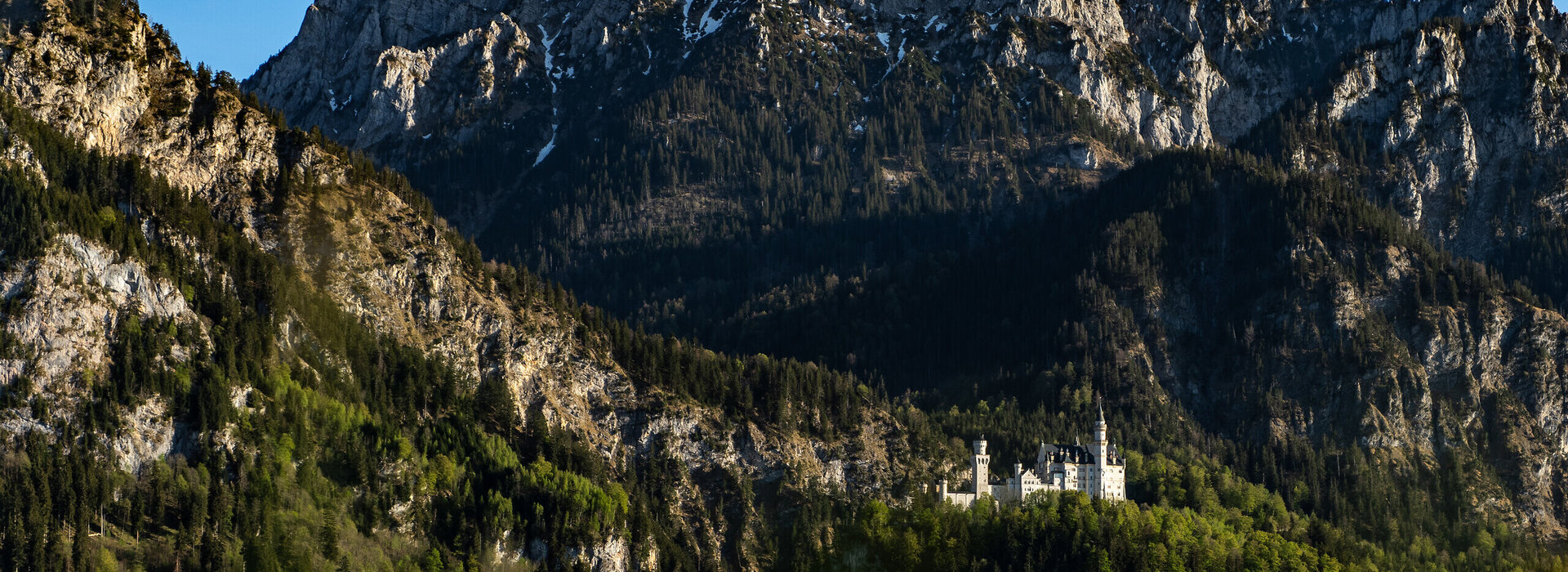 Schloss Neuschwanstein im April mit dem majestätischen Säuling im Hintergrund