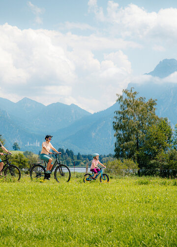 Das Bild fängt eine friedvolle Szene in einer grünen Wiese ein, wo drei Personen ein Fahrrad ausführen. Die Wiese ist üppig und grün, sie bietet eine lebendige Kulisse zur Szene. Der Himmel über ist ein klares Blau, garniert mit flauschigen weißen Wolken. In der Ferne erheben sich majestätische Berge gegen den Himmel, was der Szene ein Gefühl der Größe verleiht. Die Personen im Bild sind in lässiger Kleidung gekleidet, was auf einen gemütlichen Tag im Freien hinweist. Die Fahrräder, auf denen sie fahren, sind gut sichtbar, wobei eine Person ein Fahrrad reitet und die anderen beiden zu Fuß gehen. Die allgemeine Atmosphäre des Bildes ist die einer Ruhe und des Genusses der Natur.
