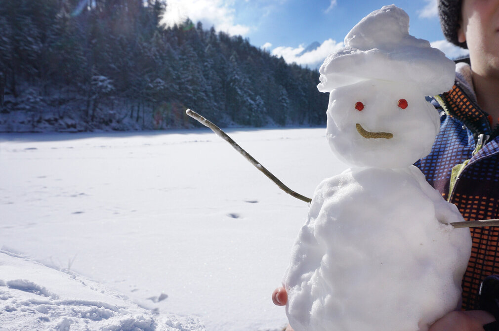 Die Schneidung erfasst eine friedliche Winterlandschaft. Im Vordergrund hält eine Person einen Schneemann, welcher der Hauptfokus des Bildes ist. Der Schneemann besteht aus weißem Schnee, und er hat eine Möhre als Nase und einen Stock als Arm. Die Person, die den Schneemann hält, trägt einen blauen und orangefarbenen Mantel, der einen Farbtupfer zu der ansonsten monochromen Szene hinzufügt.  Der Hintergrund des Bildes offenbart eine schneebedeckte Landschaft. Die Erde ist mit weißem Schnee bedeckt, und in der Ferne stehen Bäume, deren Äste schwer mit Schnee beladen sind. Der Himmel darüber ist ein tiefes Blau, was auf einen hellen und sonnigen Tag hindeutet. Die Gesamtstimmung des Bildes ist friedlich und festlich, sie vermittelt die Freude des Winters und die einfache Freude des Bauens eines Schneemannes.