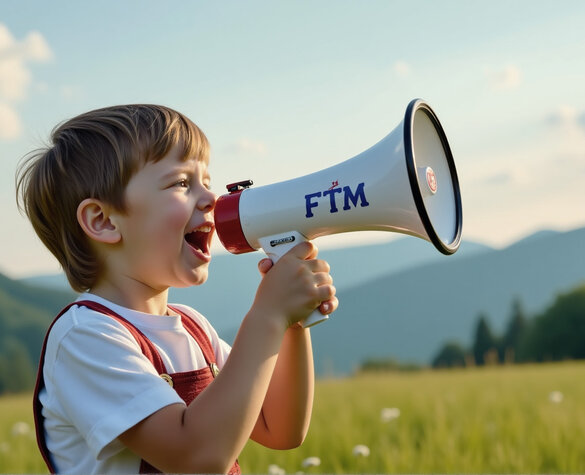 Illustration: Ein Achtung-Verkehrsschild mit einem Jungen, der ein Megaphon in seinen Händen hält Illustration: Ein Achtung-Verkehrsschild mit einem Jungen, der ein Megaphon in seinen Händen hält