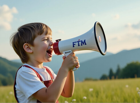 Illustration: Ein Achtung-Verkehrsschild mit einem Jungen, der ein Megaphon in seinen Händen hält Illustration: Ein Achtung-Verkehrsschild mit einem Jungen, der ein Megaphon in seinen Händen hält