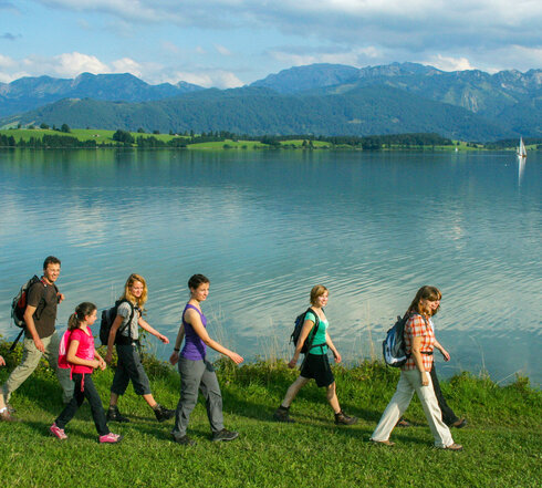Das Bild hält eine Gruppe von sieben Personen fest, die entlang eines grünen Pfades am Ufer eines Sees gehen. Die Gruppe ist vielfältig, mit Einzelpersonen unterschiedlichen Alters und Geschlechts. Alle sind leger gekleidet, passend für einen gemütlichen Spaziergang. Einige tragen Rucksäcke, was darauf hindeuten könnte, dass sie auf einer Wanderung oder einem langen Spaziergang sind. Der See im Hintergrund ist ruhig und friedlich und spiegelt den klaren blauen Himmel darüber wider. Die Berge in der Ferne verleihen der Szene ein Gefühl von Größe. Die Gesamtstimmung des Bildes ist friedlich, mit der Gruppe, die ihre Zeit am See genießt.