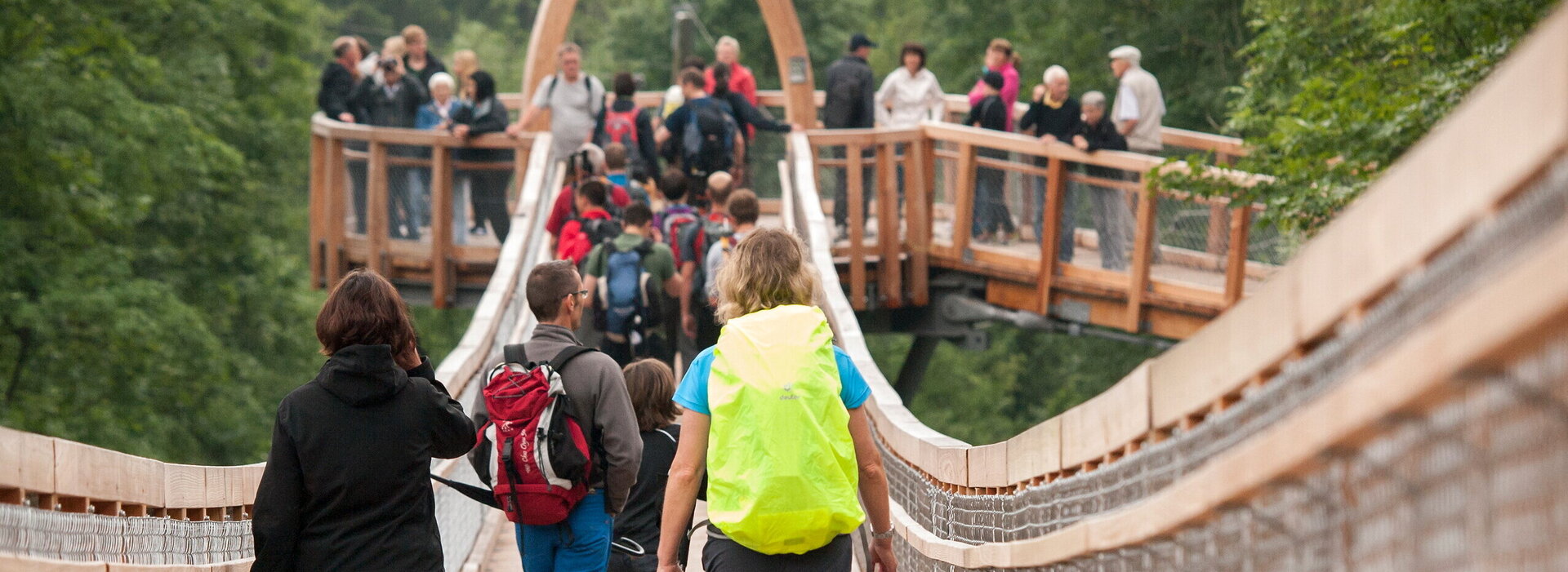 Das Bild zeigt zahlreiche Personen, die auf dem Baumkronenweg laufen. Der Weg ist mit einem hohen Geländer links und rechts des Weges gesichtet. Im Hintergrund ist eine Plattform zu sehen, zu der der Weg führt. Rundherum wachsen hohe Bäume. 