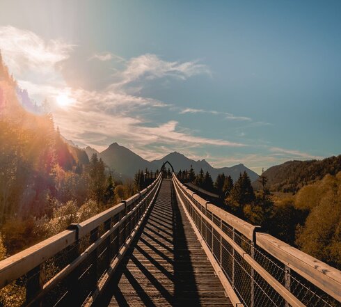 Das Bild zeigt eine friedliche Szene einer Holzbrücke, die über ein Tal spannt. Die Brücke, die aus Holzbohlen hergestellt ist, ist der Hauptfokus des Bildes. Sie wird von einem üppigen Wald auf beiden Seiten flankiert, was ein Gefühl der Ruhe und Abgeschiedenheit schafft. Der Himmel darüber ist ein klarer Blau, der mit flauschigen weißen Wolken durchsetzt ist, was zur gesamten friedlichen Atmosphäre hinzufügt. Die Brücke, mit ihrem rustikalen Charme, dient als Verbindungsweg, der zwei entfernte Punkte im Tal verbindet. Das Bild veranschaulicht in großartiger Weise die Essenz der Natur und die Schlichtheit menschlicher Strukturen, die in Harmonie zusammen existieren.