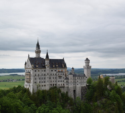 Das Bild zeigt das weiße Schloss Neuschwanstein, dass auf einer bewaldeten Anhöhe vor einer weiten Ebene liegt. Auf der Ebene sind Seen, Ortschaften und grüne Wiesen zu erkennen. Das Schloss Neuschwanstein steht im Fokus des Fotos. Es besteht aus mehreren unterschiedlichen Gebäudeteilen, wie Türmen, Erkern und einem Torbau, die miteinander verbunden sind. Das Hauptgebäude des Schlosses ist 5-stöckig. Es hat ein graues Dach. Auf dem Hauptgebäude stehen eine überlebensgroße Statue sowie eine Löwenfigur. Der Himmel ist grau und wolkenverhangen. 