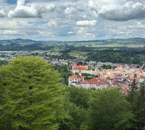 Das Bild zeigt Füssen von oben. Es ist von einer Anhöhe aus aufgenommen. Über grüne Baumwipfel hinweg erblickt man die roten Dächer der Stadt. Im Vordergrund sind die großen Gebäudekomplexe des ehemaligen Benediktinerklosters St. Mang und des Hohen Schlosses zu sehen. Im Hintergrund erheben sich bewaldete Hügel. 
