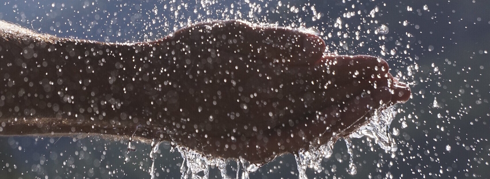 Das Bild zeigt zwei zusammengehaltene Hände in die Wasser einfließt. Im Hintergrund erkennt man einen markannten Berg.