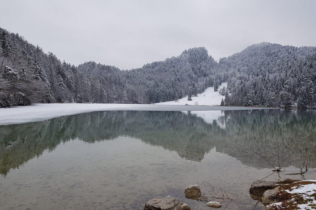 Das Bild zeigt eine ruhige Winterlandschaft. Ein See – der Alatsee, dessen Oberfläche ruhig und ungestört ist, dehnt sich bis zum Horizont aus. Der Alatsee liegt inmitten eines Waldes, dessen Bäume von Schnee bedeckt sind. Die Äste der Bäume biegen sich unter der Last des Schnees. Der Himmel darüber ist bewölkt. Im Vordergrund ist ein felsiger Uferbereich zu sehen.