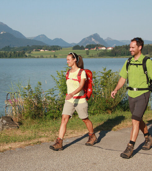 Das Bild fängt eine friedliche Szene von zwei Menschen ein, die auf einem Pfad neben einem See spazieren gehen. Die Person auf der linken Seite trägt ein leuchtend gelbes Hemd, während die Person auf der rechten Seite ein grünes Hemd trägt. Beide Personen tragen Rucksäcke, was darauf hindeuten könnte, dass sie gerade eine Wanderung oder einen längeren Spaziergang unternehmen. Der ruhige Hopfensee liegt vor einer Kulisse majestätischer Berge. Der Pfad, den sie gehen, ist von üppig grünen Bäumen gesäumt, was zum Gesamtbild der Szene hinzufügt. Das Bild strahlt eine Atmosphäre der Ruhe und Gelassenheit aus, als wolle es den Betrachter einladen, an dieser friedlichen Reise teilzuhaben.