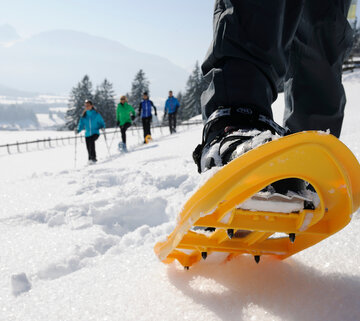 Das Bild zeigt fünf Personen bei einer Schneeschuhwanderung. Sie laufen durch eine frisch verschneite, unberührte Wiese. Im Vordergrund stehen gelbe Schneeschuhe im Vordergrund, die auf den Betrachter zulaufen. Von dieser Person sind nur die Beine zu sehen. Dahinter laufen vier weitere Personen mit Schneeschuhen, Stöcken und Sport-Winterkleidung. Sie sind nur unscharf zu erkennen. Im Hintergrund erheben sich die schneebedeckten Berge. Die Landschaft ringsum ist tief verschneit. Der Himmel ist blau. Die Sonne scheint. 