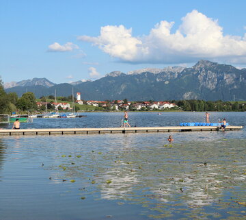 Das Bild zeigt einen See, auf den vom linken Bildrand aus ein hölzerner Steg ins Wasser führt. Auf dem Steg sitzen und laufen Menschen. Im Wasser schwimmt eine langhaarige Person. Im Vordergrund sind unzählige Blätter uns Knospen einer gelben Seerose zu sehen. Die Knospen sind noch nicht geöffnet. Im Hintergrund erheben sich die bewaldeten Berge. Davor liegt, am Ufer des Sees, eine kleine Ortschaft mit Kirchturm und Häusern mit roten Dächern. Der Himmel ist blau. Die Sonne scheint.