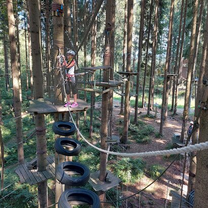 Das Bild fängt eine lebhafte Szene auf einem Spielplatz ein. Der Spielplatz befindet sich inmitten eines Waldes, wobei Bäume und andere Vegeation im Hintergrund in die Höhe ragen. Der Spielplatz ist mit verschiedenen Strukturen ausgestattet, darunter eine Seilbrücke, eine Holzplattform und ein Baumhaus.  In der Vordergrund sieht man ein Kind, welches sich eine Seiltreppe hinaufklettert, wobei ihre Hände sich fest um die Seile schmiegen. Das Abenteuerlust des Kindes ist offensichtlich, während sie die Spielgeräte erkunden.  Im Hintergrund kann man sehen, wie andere Kinder den Spielplatz genießen. Sie sind über den Spielplatz verteilt, einige auf der Seilbrücke, andere auf der Holzplattform und einige im Baumhaus. Ihre fröhliche Aktivität trägt zur lebhaften Atmosphäre des Spielplatzes bei.  Der Spielplatz ist nicht nur für Spielen da, sondern auch ein Ort für Lernen und Erkundung. Es ist der Ort, an dem Kinder ihre physischen Fähigkeiten, soziale Fertigkeiten und Kreativität entwickeln können. Der Spielplatz, mit seinen verschiedenen Strukturen und der umgebenden Vegetation, bietet eine sichere und anregende Umgebung für Kinder zum Wachsen und Lernen.